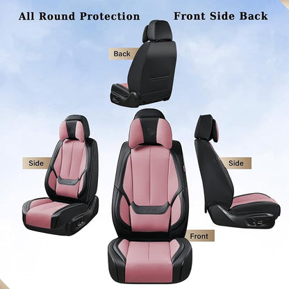Coverado Universal Seat Covers Full Set, 5 Seats Universal Seat Covers for Cars, Waterproof Nappa Leather Car Seat Covers with Head Pillow, Auto Protectors Fit for Most Pick-up Truck, Black&Pink