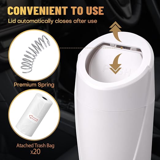 Car Trash Can Bin with Lid - Car Garbage Can Cup Holder - White Mini Leakproof Vehicle Trash Garbage Can Bin with 20pcs Trash Bags-Car Organizers and Storage for Front Back Seat Accessories