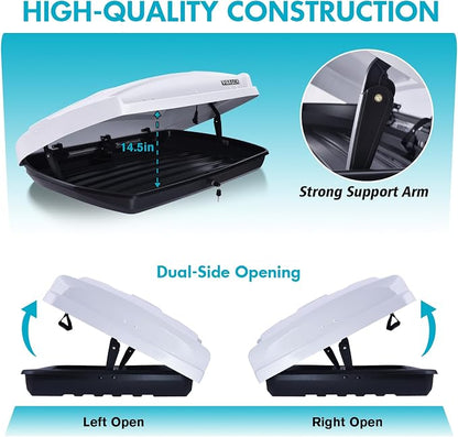 Hard Shell Rooftop Cargo Carrier with Roof Box, Heavy Duty Weatherproof 15.5 Cubic Feet Rooftop Cargo Carrier for Car Storage, White