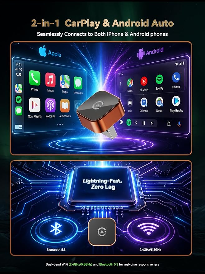 2026 Wireless CarPlay & Android Auto Adapter, 2-in-1 Mini Adapter for iPhone & Android, for USB-A/USB-C, Plug & Play, Fast Reconnect, Low Latency, Works with Most Cars with Wired CarPlay/Android Auto