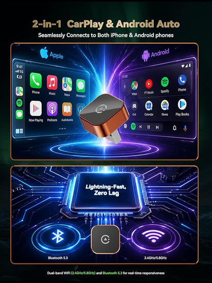 2026 Wireless CarPlay & Android Auto Adapter, 2-in-1 Mini Adapter for iPhone & Android, for USB-A/USB-C, Plug & Play, Fast Reconnect, Low Latency, Works with Most Cars with Wired CarPlay/Android Auto