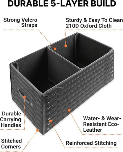 Owleys Trunk Storage 17.7" Collapsible Crate For Groceries, Tools & Travel Gear - Eco-Leather Car Organizer With Magnetic Lid - Practical Birthday Gift For Men (Highway 17)