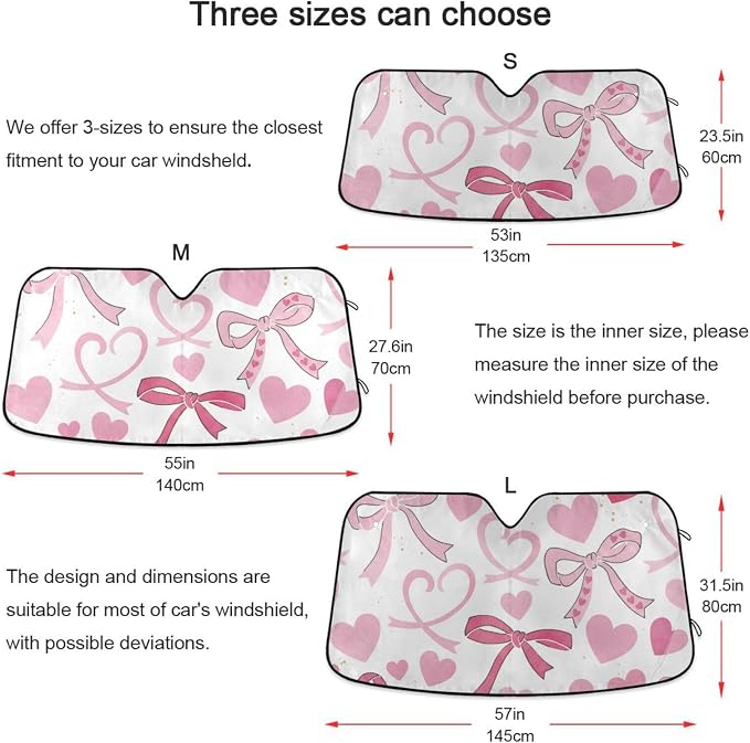 Cars Front Sun Shade Windshield,Foldable Reflective Sun Visor Pink Bows and Hearts White Windshield Sunshade Cover,Blocks UV Ray Sun Protect Interior Keep Cool,55" x 27.6"