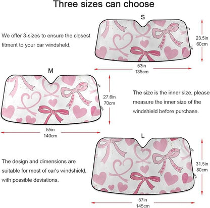 Cars Front Sun Shade Windshield,Foldable Reflective Sun Visor Pink Bows and Hearts White Windshield Sunshade Cover,Blocks UV Ray Sun Protect Interior Keep Cool,57" x 31.5 "Inches