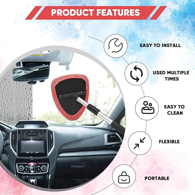 Windshield Cleaning Tool, Car Window Cleaner with Extendable Handle, 4 Microfiber Pads and Spray Bottle, Auto Interior Exterior Glass Wiper Cleaning Kit Universal for RV, SUV, Truck (Red)