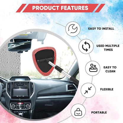 Windshield Cleaning Tool, Car Window Cleaner with Extendable Handle, 4 Microfiber Pads and Spray Bottle, Auto Interior Exterior Glass Wiper Cleaning Kit Universal for RV, SUV, Truck (Red)