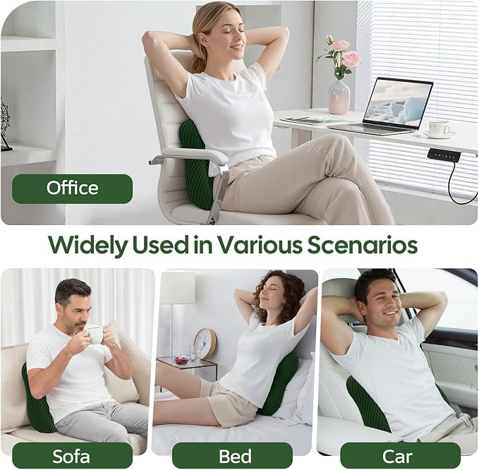 Lumbar Support Pillow for Recliner, Back Support Pillow for Office Chair, Back Cushion with Shredded Foam for Back Pain Relief & Reading, Lumbar Cushions for Couch, Sofa Seat, Car, Green