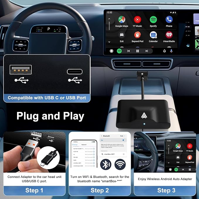 Android Auto Wireless Adapter Compatible with Samsung/Google/Pixel, etc | Wireless Android Auto Adapter for 2017 Later Car, Convert OEM Wired to Wireless, for Android 11+, Stable Bluetooth Connection