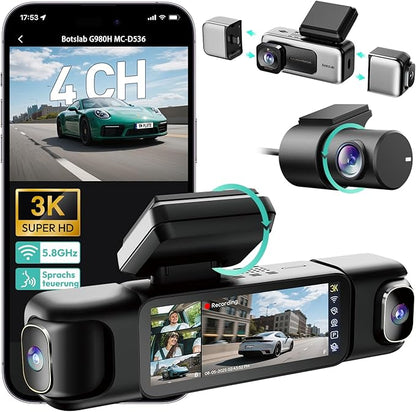 BOTSLAB 4 Channel Dash Cam 3K Front and Rear Inside 560° Coverage with Magnetic Side Cameras Car Camera with 3.18”Touch Screen 24/7 Parking Mode 5.8GHz WiFi GPS Voice Control (No SD Card)