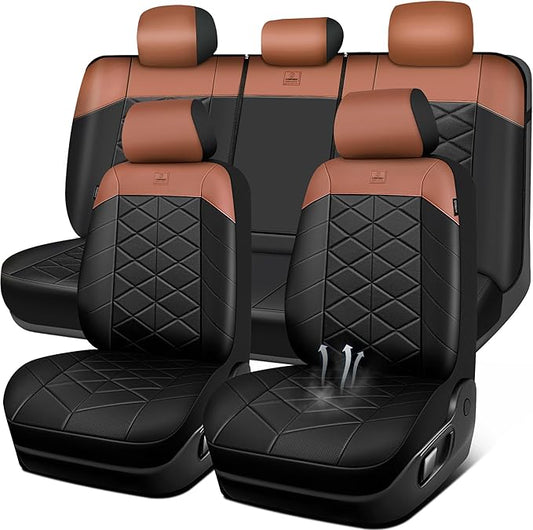 CAR PASS Memory Foam Leather Seat Covers Full Set, Breathable Perforated Nappa Leather Seat Covers Universal Fit for Cars,SUV,Truck Seat Covers Thick 3D Foam Comfortable, Airbag Compatible Black Brown