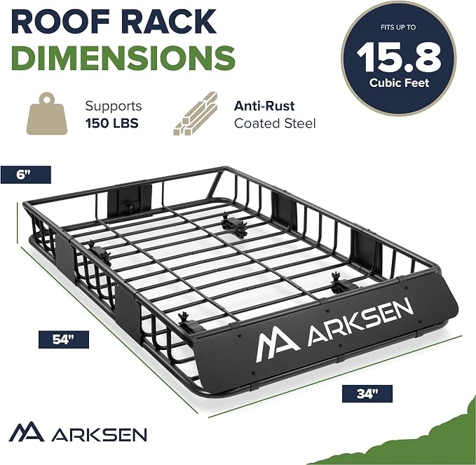 ARKSEN 54" x 34" x 6" Roof Rack Cargo Basket with Extension, 150 LBS Universal Heavy Duty Steel Rooftop Carrier with Cargo Net & Tie Down Straps for SUV, Truck, RV, Pickup