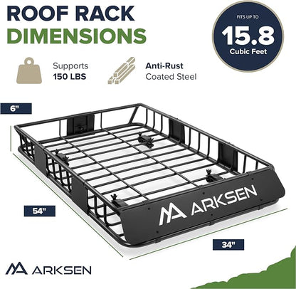 ARKSEN 54" x 34" x 6" Roof Rack Cargo Basket with Extension, 150 LBS Universal Heavy Duty Steel Rooftop Carrier with Cargo Net & Tie Down Straps for SUV, Truck, RV, Pickup