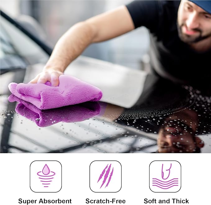 Shimeyao 30 Pcs Edgeless Microfiber Plush Towels for Cars Detailing Drying Wash Polishing Absorbent Cleaning Cloths, 500 GSM (16 x 16 Inch,Purple)