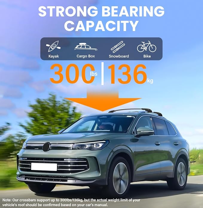 300lbs Lockable Roof Rack Cross Bar Fit for Volkswagen VW Tiguan 2018-2026 (Not for Limited) & Taos 2022-2026, Aluminum Roof Rails Crossbars for Cargo Bars Luggage Bike Kayak Rack