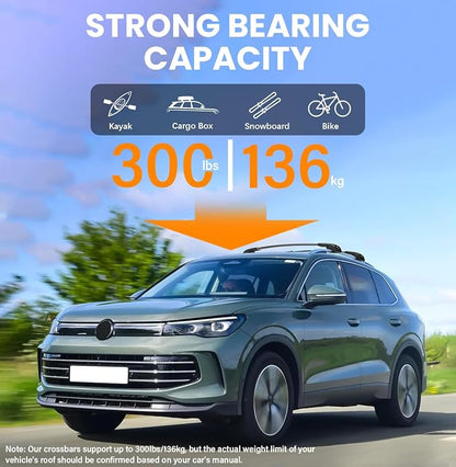 300lbs Lockable Roof Rack Cross Bar Fit for Volkswagen VW Tiguan 2018-2026 (Not for Limited) & Taos 2022-2026, Aluminum Roof Rails Crossbars for Cargo Bars Luggage Bike Kayak Rack