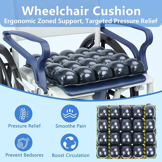 Inflatable Pressure Relief Air Cell Cushion for Wheelchair & Mobility Scooter, Breathable Cooling Seat Cushion for Pain & Sores Relief, Long Sitting, Airplane & Office Use (18" x 16")
