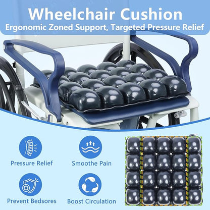 Inflatable Pressure Relief Air Cell Cushion for Wheelchair & Mobility Scooter, Breathable Cooling Seat Cushion for Pain & Sores Relief, Long Sitting, Airplane & Office Use (18" x 16")