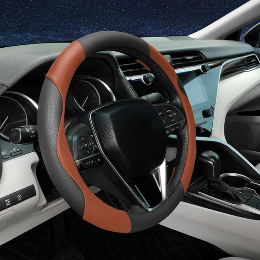 Steering Wheel Cover Universal Standard Size 14.5-15 inch, Non-Folding Packaging, Microfiber Leather, Anti-Slip, Soft Grip, Sporty Design, Fits for Cars SUVs Trucks, Black and Orange