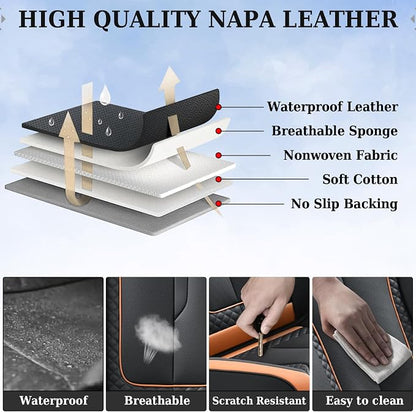 Coverado Car Seat Cover Full Set, Kaki Seat Covers Front Seats Back Seat Covers, Nappa Leather Waterproof, Car Seat Cushion, Car Seat Protector Universal Fit Most Cars