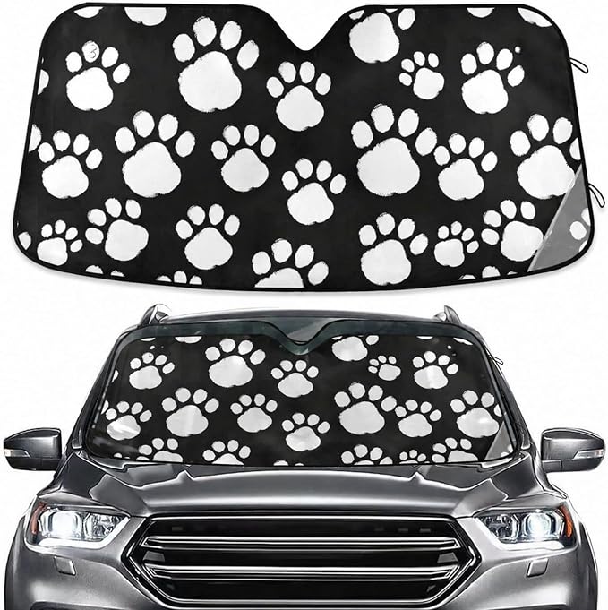 White Black Paws Print Windshield Sun Shade for Car Auto SUV Truck Foldable Front Window Sunshade Sun Visor Protector Block UV Rays Reflect Heat, 55" x 28"