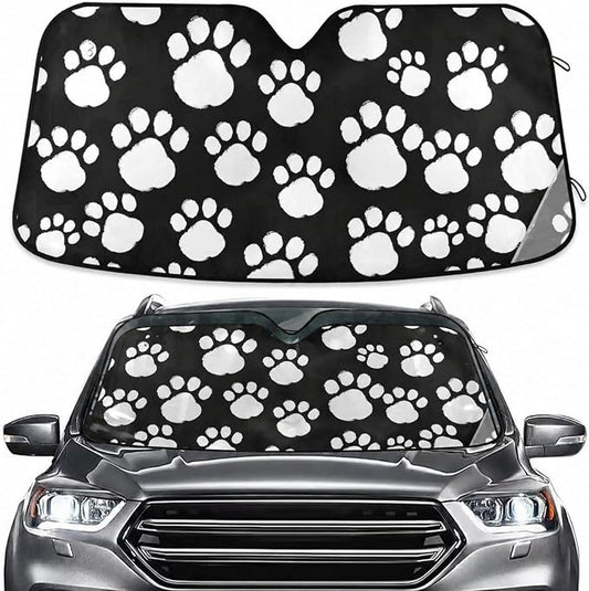 White Black Paws Print Windshield Sun Shade for Car Auto SUV Truck Foldable Front Window Sunshade Sun Visor Protector Block UV Rays Reflect Heat, 55" x 28"