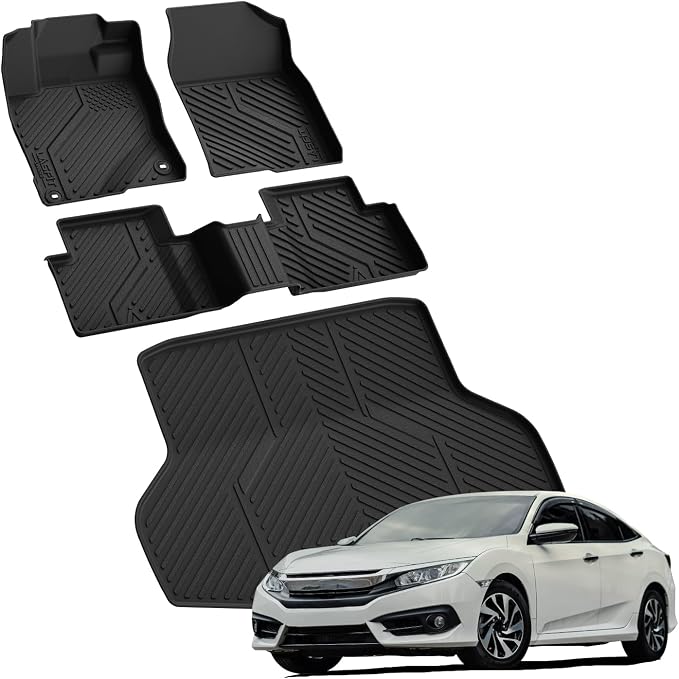 LASFIT Floor Mats & Trunk Mat for Honda Civic Sedan 2016-2021, All Weather TPE Custom Fit Floor Liners for 2016 2017 2018 2019 2020 2021, 1st & 2nd Row & Cargo Mat, Black (Not for Hatchback/Coupe)