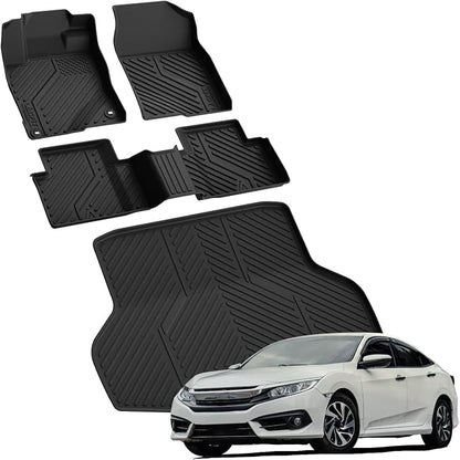LASFIT Floor Mats & Trunk Mat for Honda Civic Sedan 2016-2021, All Weather TPE Custom Fit Floor Liners for 2016 2017 2018 2019 2020 2021, 1st & 2nd Row & Cargo Mat, Black (Not for Hatchback/Coupe)