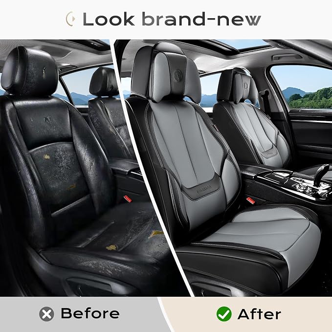Coverado Seat Covers, Car Seat Covers Front Seats, Car Seat Cover, Car Seat Protector Waterproof, Seat Cushion Nappa Leather with Head Pillow, Carseat Cover Universal Fit for Most Cars (Black&Gray)