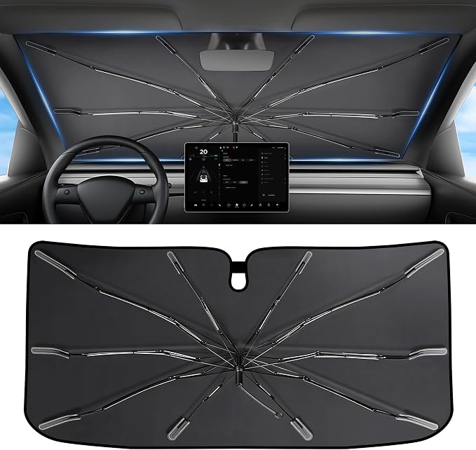 2026 Upgraded Windshield Sun Shade Umbrella [7-Layer Vinyl Coating Heat Shield] Foldable Front Window Sunshade Umbrella Flexible Handle Protect Interior from UV Keep Car Cooler (57" x 31")