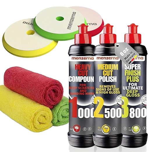 menzerna Polishing Set 8oz – HCC1000, MCC2500 & SFP3800 | 3-Step System incl. 3 Matching 6-Inch Pads & 3 Matching Microfiber Towels for Scratch Removal, Swirl Elimination & Mirror-Like Finish