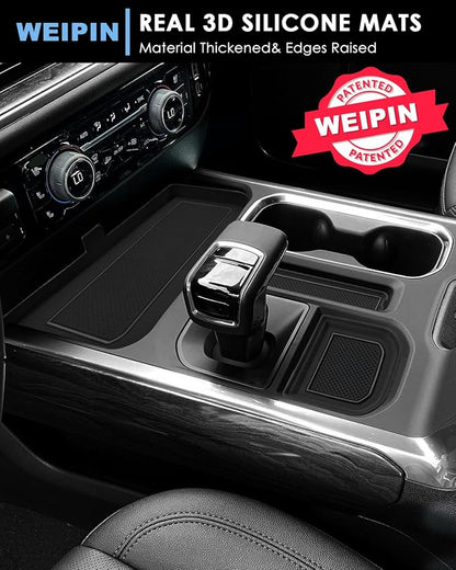for 6PCS Refreshed Models 2022-2026 Silverado/Sierra 1500 & 2024-2026 Sierra 2500 3500 Console Liners-[3D High-Edge Liquid Silicone] Cup Holder Mats,Full Console w/Bucket Seats ONLY - Black