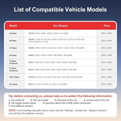 Wireless CarPlay & Android Auto Retrofit Kit Decoder for Mercedes Benz A/B/C/E/GLK/GLA/GLC/GLS/ML/GL/SLK/V Class 2011–2015 with NTG4.5/4.7 System, Supports Original Knob Control & Camera