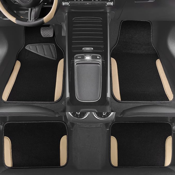 CAR PASS Faux Leather Steering Wheel Cover and Waterproof Car Floor Mats,Universal Car Combo Fit for 95% Sedan,SUV,Cars,14.5-15inch Sporty Anti-Slip Safety Comfortable Design(Black＆Beige)