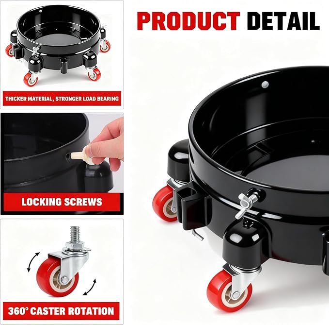 2 Pcs 5 Gallon Bucket Dolly, 11 Inch, Black Set | 1 Car Washing Glove, 5 Heavy Duty Wheel Casters, 360° Rolling, Connectable & Locking, For Car Wash, Garden & Garage