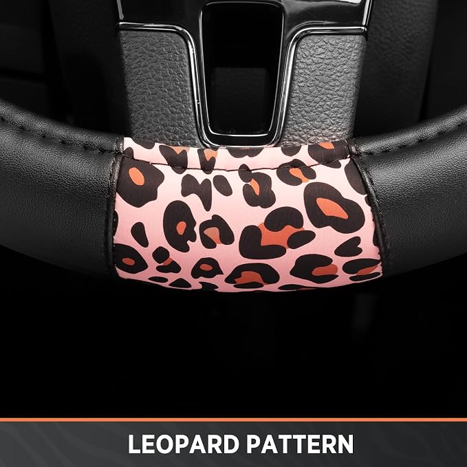 Road Comforts Steering Wheel Cover - Made with PVC Leather and Leopard Fabric - Universal 14 1/2 inches to 15 inches for Most Automotive Steering Wheel - Cheetah Print - Pink Leapord