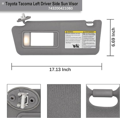 NHILES Driver Left Side Sun Visor Replacement Fits for Toyota Tacoma 2005-2015 Sunshade with Light 7432004210B0 Color Gray