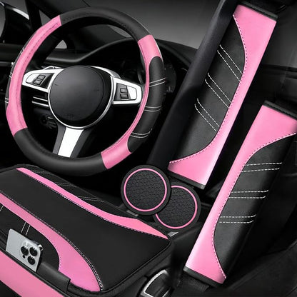 NBTEPEM 6 Pcs Pink Car Accessories Set, Sport Leather Steering Wheel Cover 14.5-15inch Universal, Microfiber Leather Car Center Console Cover, Seat Belt Cushion, Cup Holder Coaster (Black-Pink)