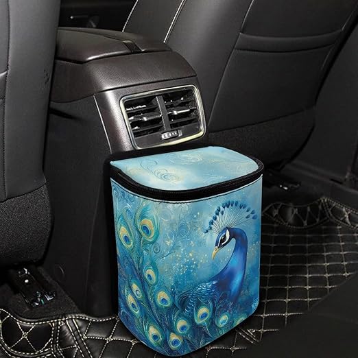 Talayituse Blue Peacock Print Car Trash Bin, Large Size Auto Trash Can Adjustable Portable Garbage Can with Lid, Vehicle Hanging Bag for Headrest Front Back Seat