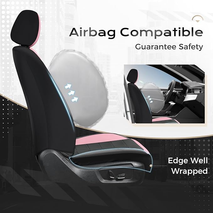 Coverado Front and Back Seat Covers for Cars Leather Car Seat Cover Full Set 5 Seats Waterproof Seat Protector Automotive Seat Covers Universal Fit for Most Cars SUV Trucks, Pink&Black