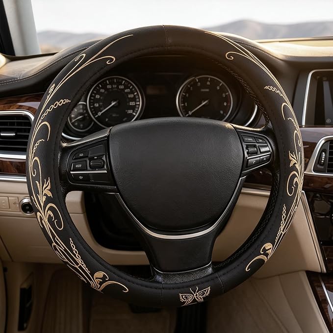 Beige Embroidery Butterfly Car Steering Wheel Cover,14.5-15 Inch Universal Leather Covers Breathable Anti-Slip Odorless Steering Wheels Accessories for Men Women