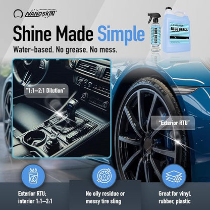 Nanoskin BLUE DRESS Premium Dressing - Sprayable Interior & Exterior Dressing| Works on Tire, Vinyl, Rubber, Plastic & Trim | Safe for Cars, Trucks, Motorcycles, RVs, Light Blue, 128 Fl Oz (Pack of 1)