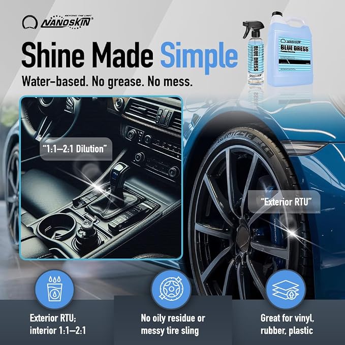 Nanoskin BLUE DRESS Premium Dressing 55 Gallons- Sprayable Interior & Exterior Dressing for Car Detailing | Works on Tire, Vinyl, Rubber, Plastic & Trim| Safe for Cars, Trucks, Motorcycles, RVs & More