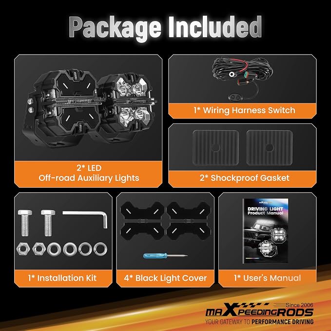 maXpeedingrods 5 Inch 178W Off Road Lights, LED Pod Light 21360LM with Amber/White DRL 3 Modes, 270°Side Shooter for Trucks Jeep Pickup UTV ATV Motorcycles Spot Ditch Light with Black Covers