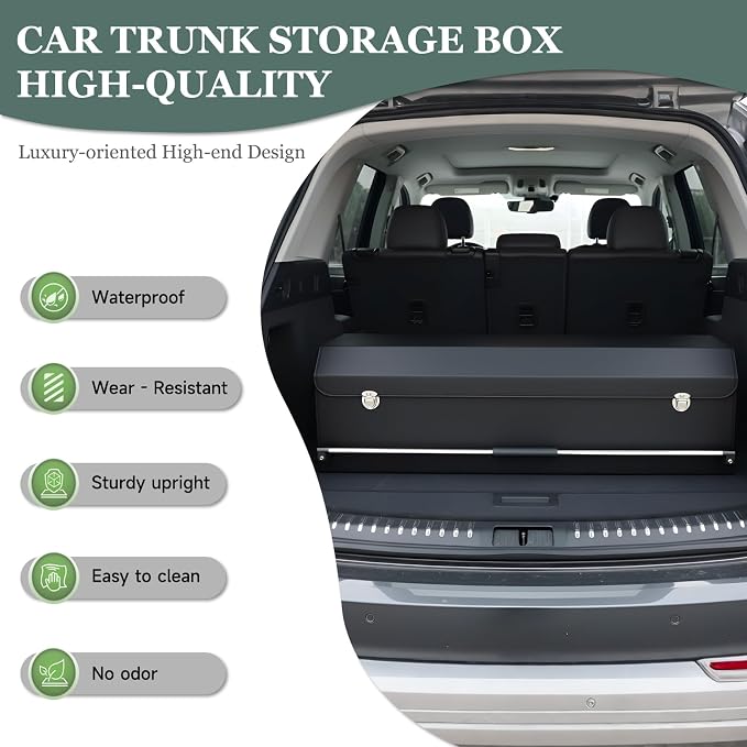 Car Trunk Organizer, Leather Car Trunk Storage Organizer with Lid and Sturdy Handle Car Organizer Storage Box Suv Trunk Organizer (Black, 40.5 x 11.4 x 12.2in)