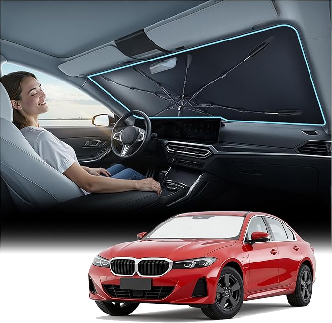 Nmoiss Windshield Sun Shade Umbrella for BMW - [Vinyl Coating Heat Shield] Protect Car from Sun Rays & Heat Damage Keep Cool and Protect Interior CX01-N2-T-BMW