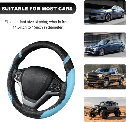 Car Steering Wheel Cover, 15 Inch Premium Leather Breathable Non-Slip Wheels Wrap, Universal Auto Comfortable Steering Wheel Protector for SUV Truck Van, Car Accessories (Blue)