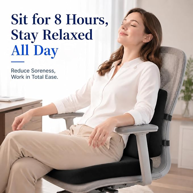 Ergonomic Seat Cushion & Lumbar Support Pillow for Office Chair, Memory Foam Seat Cushions for Tailbone Pain Relief, Sciatica & Lower Back Support for Desk Chair Car Home, Washable, Non Slip