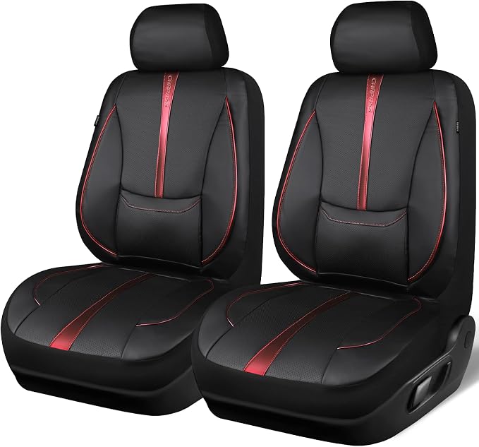 CAR PASS Nappa Leather Two Front Car Seat Covers, Water Resistant Faux PU Leather Seat Covers, 3D Foam Support Automotive Seat Covers Comfortable & Durable Universal Fit for Cars SUV Truck, Black Red