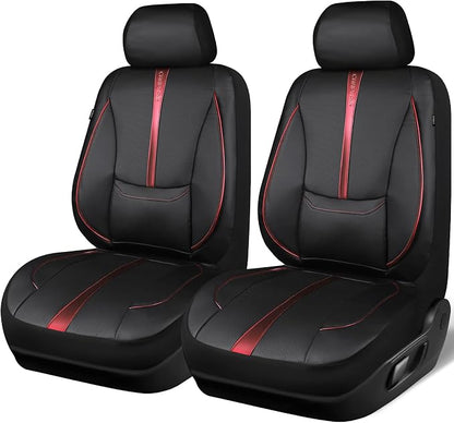 CAR PASS Nappa Leather Two Front Car Seat Covers, Water Resistant Faux PU Leather Seat Covers, 3D Foam Support Automotive Seat Covers Comfortable & Durable Universal Fit for Cars SUV Truck, Black Red