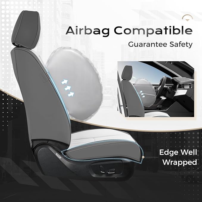 Coverado Car Seat Covers Full Set, Seat Covers for Cars, Car Seat Cover, Car Seat Protector, Leather Car Seat Cushion, Waterproof Car Seat Covers Front Seats and Back Fit for Most Cars(Gray&White)